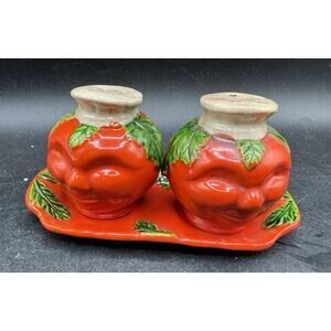 Anthropomorphic Set of 3 Vintage Tomato strawberry Head Salt Pepper Shakers tray